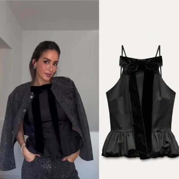 ZARA BOW BALLOON POPLIN TOP - Picture 2 of 6